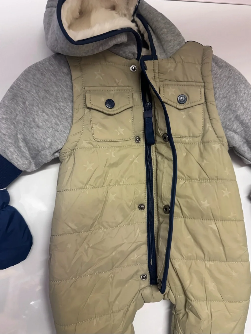 Kids Quilted Hooded One-Piece Snowsuit in Beige and Navy